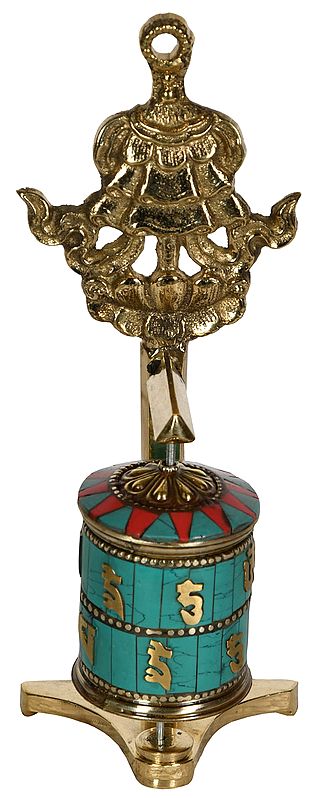 7" Tibetan Buddhist Prayer Wheel with Umbrella (Ashtamangala) In Brass | Handmade | Made In India