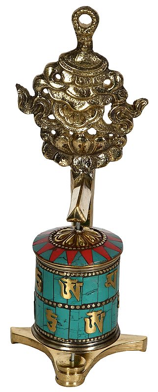 7" Tibetan Buddhist Prayer Wheel with Victory Banner (Ashtamangala) In Brass | Handmade | Made In India