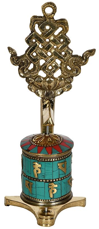 7" Tibetan Buddhist Prayer Wheel with Endless Knot (Ashtamangala) In Brass | Handmade | Made In India