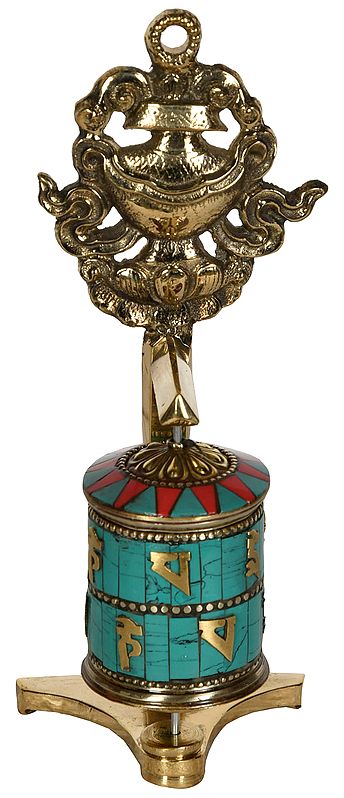 Tibetan Buddhist Prayer Wheel with Vase (Ashtamangala)