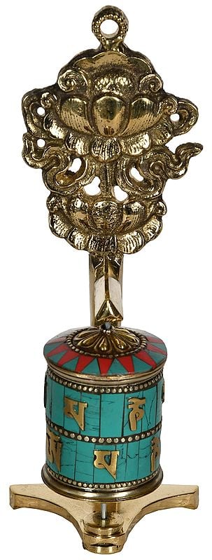 7" Tibetan Buddhist Prayer Wheel with Lotus (Ashtamangala) In Brass | Handmade | Made In India