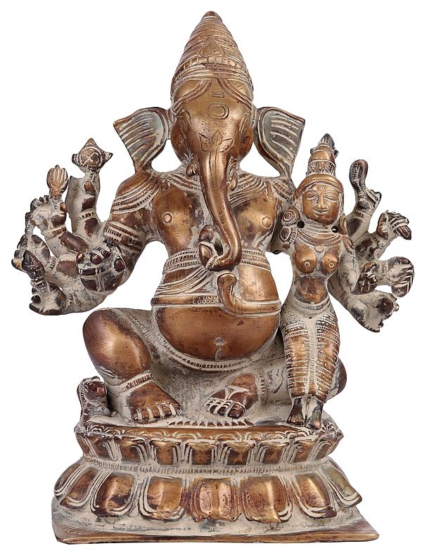 9" Ten Armed Ganesha with Goddess Shakti In Brass | Handmade | Made In India