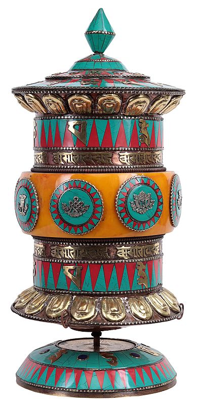 16" Prayer Wheel From Nepal with Auspicious Symbols and Syllable Mantras - Tibetan Buddhist In Brass | Handmade | Made In India