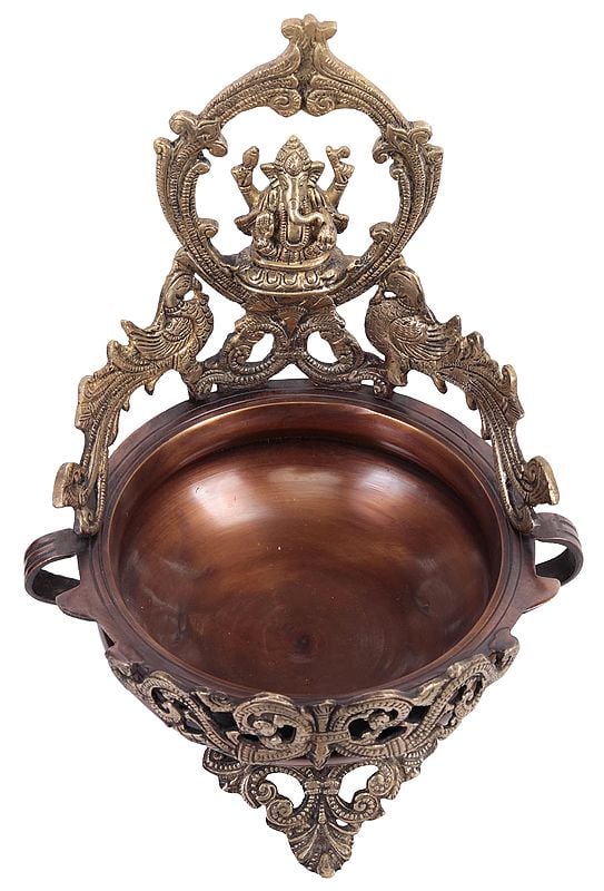 11" Ganesha Urli with Peacocks In Brass | Handmade | Made In India