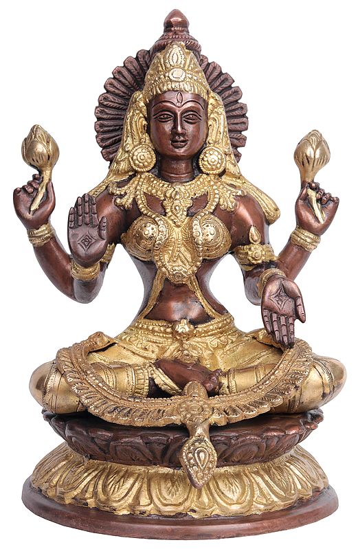 9" Goddess Lakshmi Seated on a Lotus Pedestal In Brass | Handmade | Made In India
