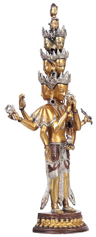 23" Tibetan Buddhist Deity Eleven Headed Thousand Armed Avalokiteshvara In Brass | Handmade | Made In India