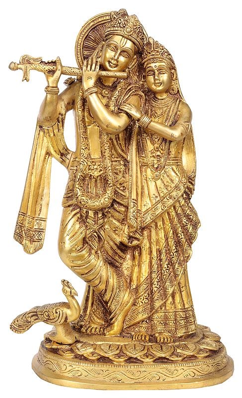 11" Radha Krishna Statue with Peacock | Handmade Brass Idol | Made in India