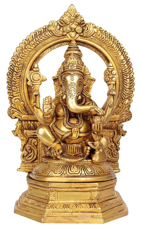 9" Lord Ganesha Brass Statue with Aureole | Handmade | Made in India
