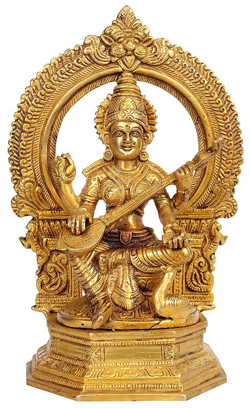 9" Goddess Saraswati with Aureole In Brass | Handmade | Made In India