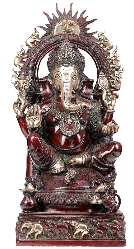 24" Lord Ganesha with Surya and Marching Elephants Aureole In Brass | Handmade | Made In India