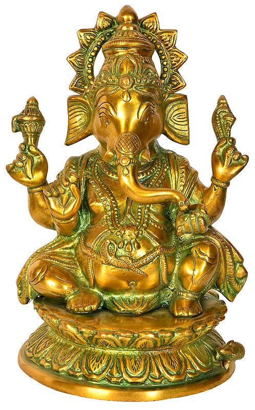 9" Lord Ganesha Seated on a Lotus Base In Brass | Handmade | Made In India