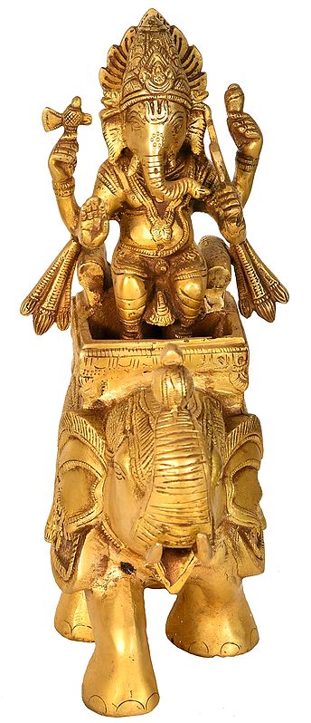 10" Ganesha On an Elephant Palki In Brass | Handmade | Made In India