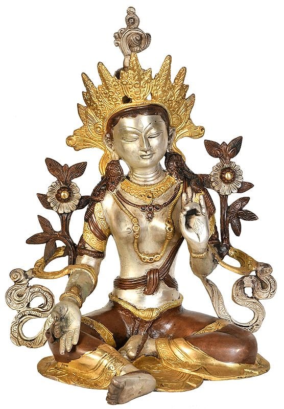 15" Tibetan Buddhist Deity Green Tara In Brass | Handmade | Made In India