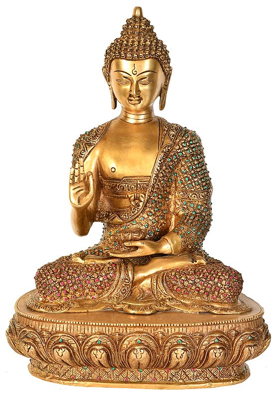 16" Tibetan Buddhist Lord Buddha in Vitark Mudra with Auspicious Mantras on The Back Side In Brass | Handmade | Made In India