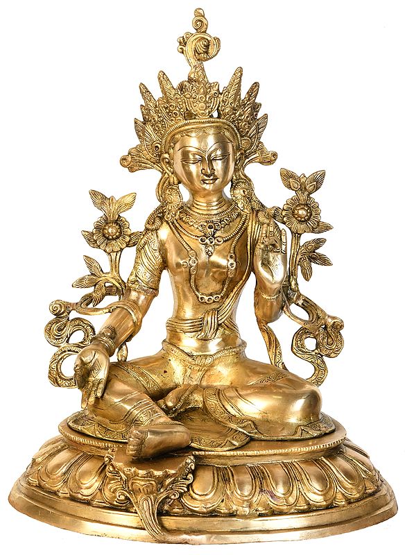 18" Tibetan Buddhist Deity Green Tara In Brass | Handmade | Made In India