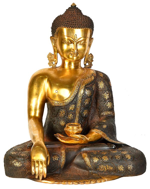 17" Lord Buddha Wearing a Carved Robe (Tibetan Buddhist) In Brass | Handmade | Made In India