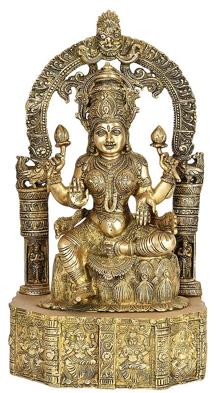 19" Goddess Lakshmi Seated on Lotus Base Carved with Hindu Deities In Brass | Handmade | Made In India