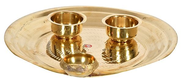 2" Puja Thali with attached Diya and Bowls In Brass | Handmade | Made In India
