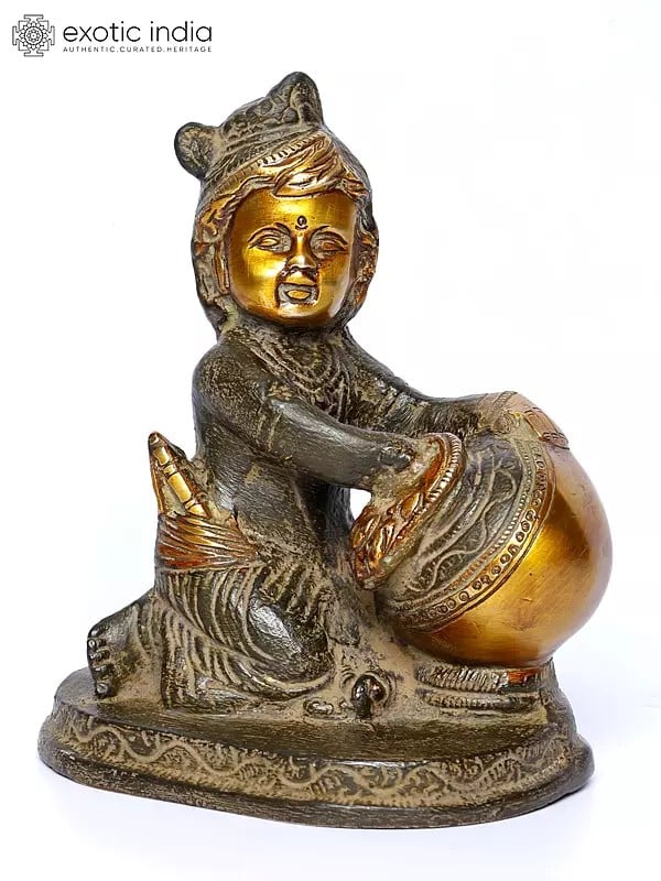 6" Butter Krishna Statue In Brass | Handmade | Made In India