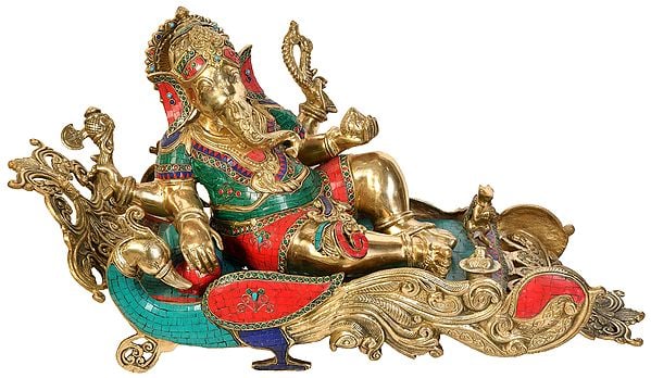 32" Brass Ganesha Idol Relaxing on Peacock Recliner | Handmade Large Size Brass Idol