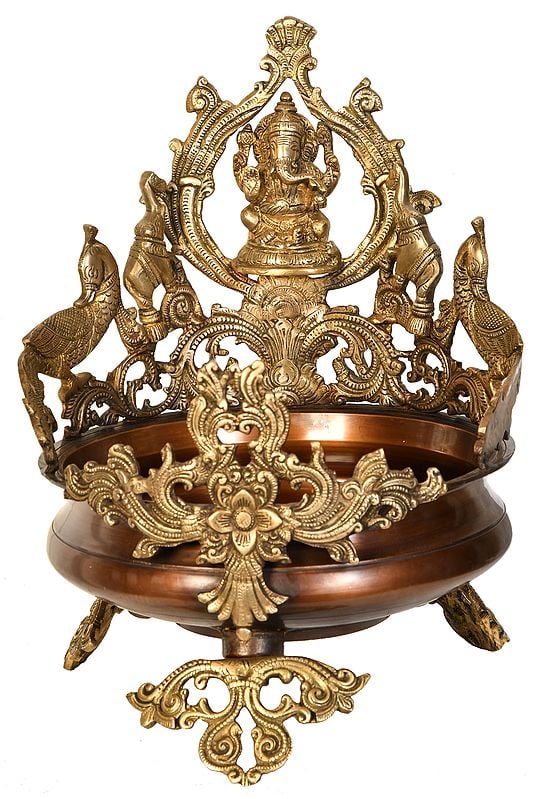 17" Lord Ganesha Urli with Peacocks and Elephants In Brass | Handmade | Made In India