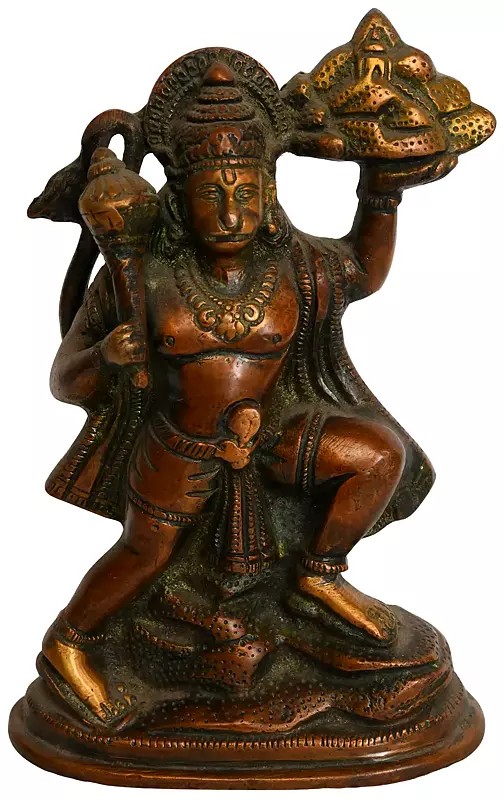 Brass Lord Hanuman Statue Holding the Mountain of Herbs