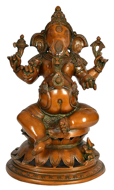14" Ganesha Seated on Lotus Pedestal In Brass | Handmade | Made In India