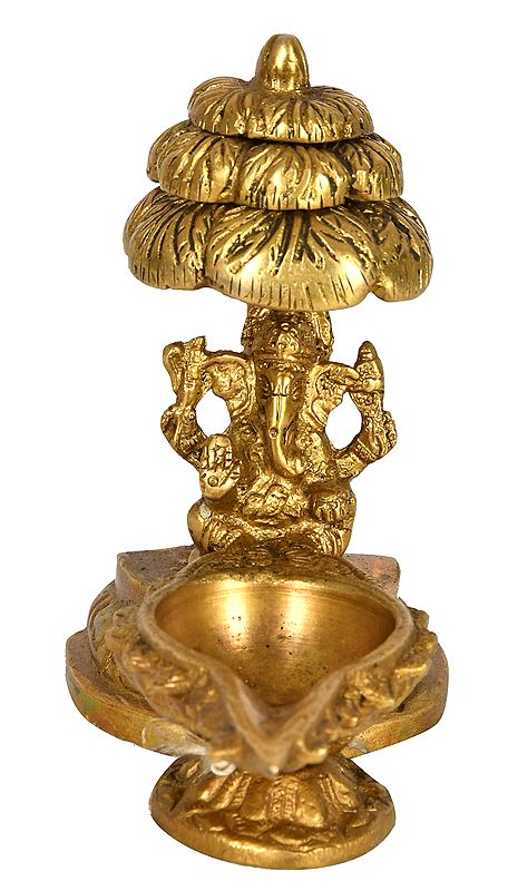 4" Ganesha Under a Tree Wick Lamp In Brass | Handmade | Made In India