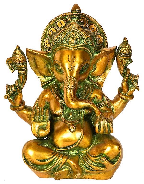 8" Crown Ganesha Granting Abhaya In Brass | Handmade | Made In India
