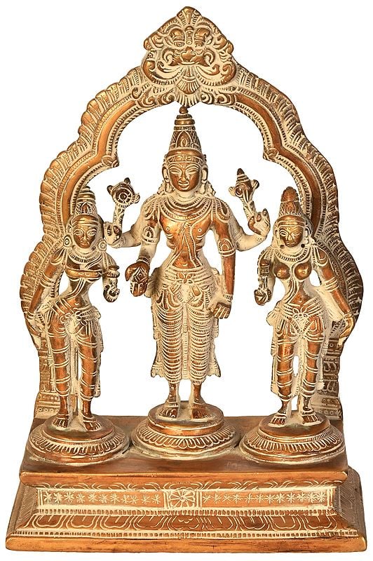 10" Lord Vishnu with Shridevi and Bhudevi In Brass | Handmade | Made In India