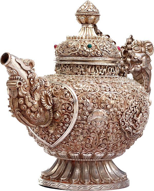 Tibetan Buddhist Ritual Kettle with Heavy Filigree Work (Made in Nepal