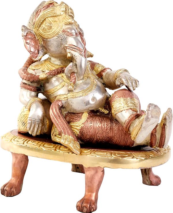 8" Relaxing Ganesha Idol with Cushion | Handmade Brass Statues | Made in India
