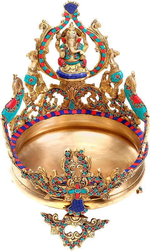 16" Lord Ganesha Urli with Peacocks and Elephants In Brass | Handmade | Made In India