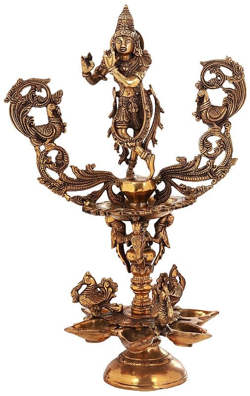19" Lord Krishna Devotional Lamp In Brass | Handmade | Made In India