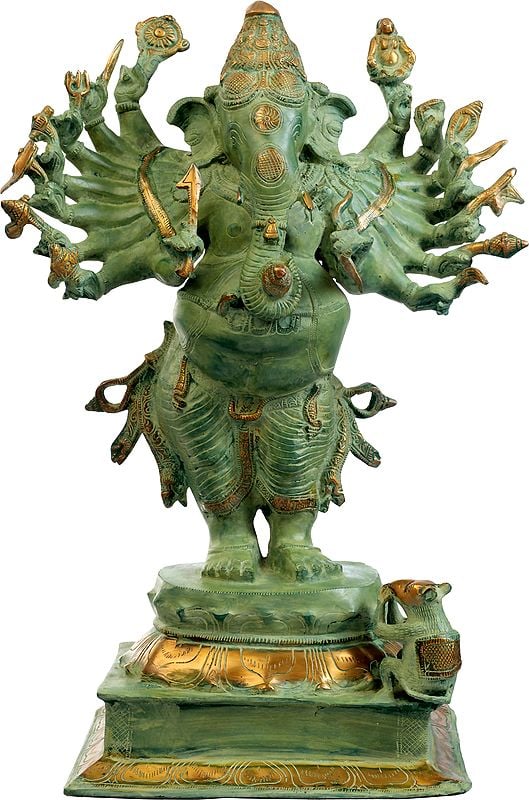 23" Sixteen Armed Vira-Ganesha In Brass | Handmade | Made In India