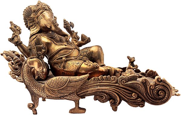 15" Ganesha Idol Relaxing on Peacock Recliner | Handmade Brass Statue