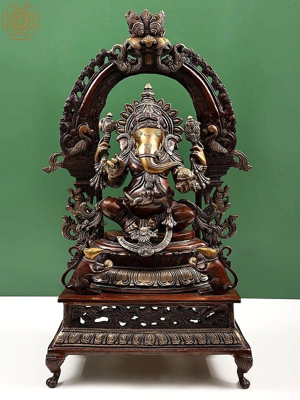 27" Ganesha Seated on Lotus Seat with Prabhavali In Brass | Handmade | Made In India