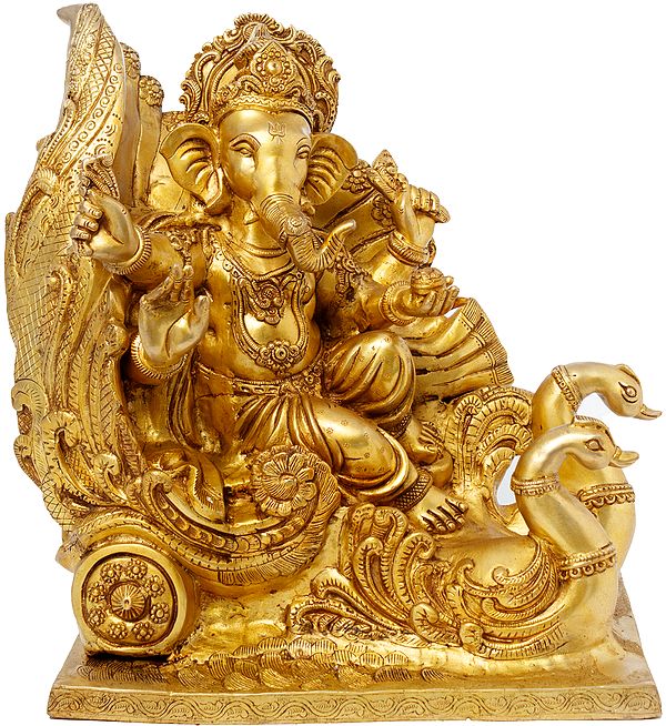 21" Ganapati On a Swan Chariot In Brass | Handmade | Made In India