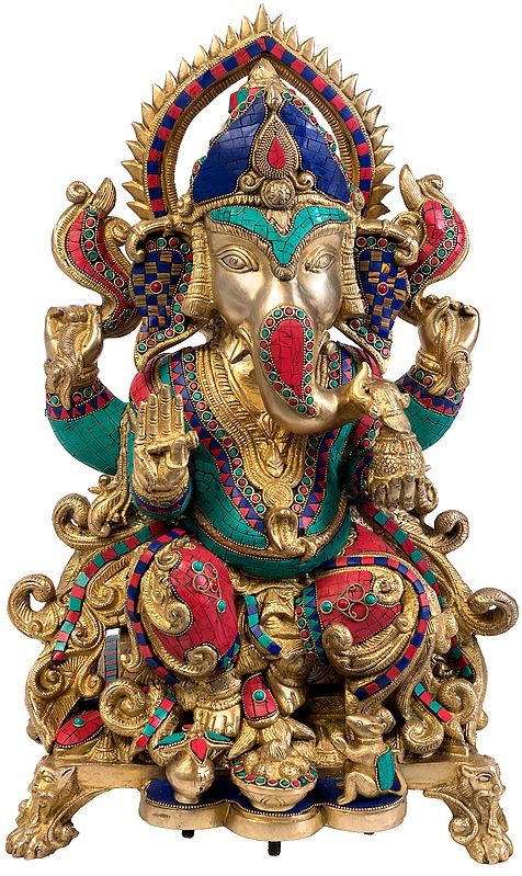 22" Ganesha Seated on Throne In Brass | Handmade | Made In India