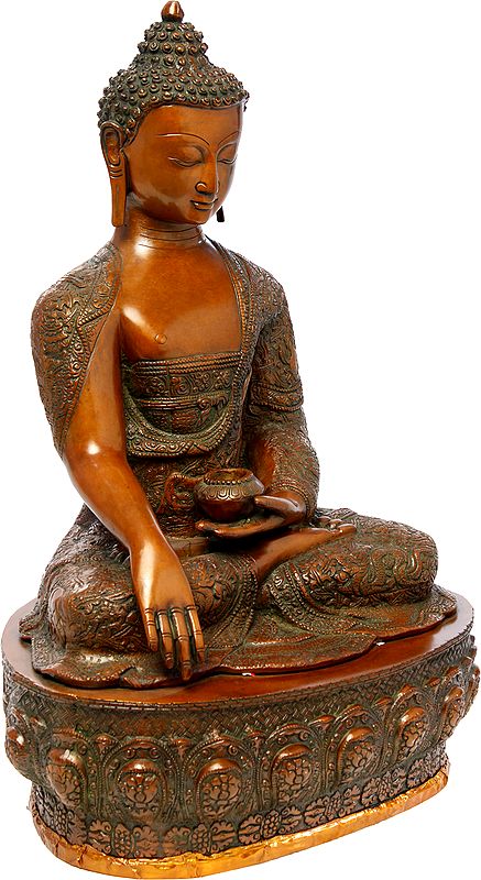 21" Bhumisparsha Buddha Wearing a Carved Robe (Tibetan Buddhist) In Brass | Handmade | Made In India