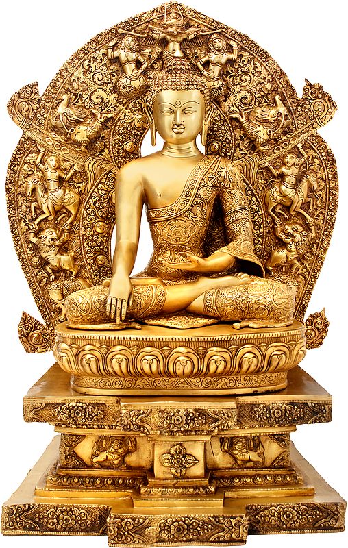 34" Large Size - Lord Buddha Seated on Six-Ornament throne of Enlightenment (Tibetan Buddhist) In Brass | Handmade | Made In India
