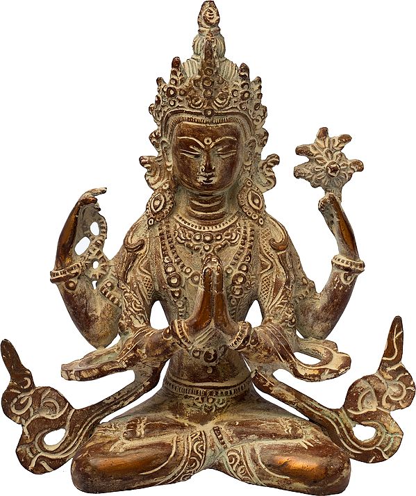 7" Tibetan Buddhist Deity Chenrezig  (Four-Armed Avalokiteshvara) In Brass | Handmade | Made In India