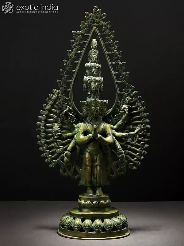 19" Avalokiteshavara, The Infinite Limbs And Heads Of Compassion (Tibetan Buddhist Deity) In Brass | Handmade | Made In India