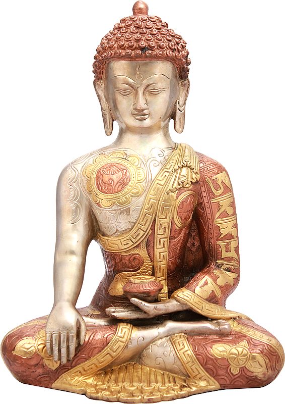 12" Buddha, His Hand In Vitark Mudra, Auspicious Symbols/Mantras On The Robe In Brass | Handmade | Made In India