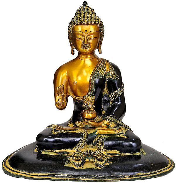 12" Seated Buddha, A Dorje Afore Him In Brass | Handmade | Made In India