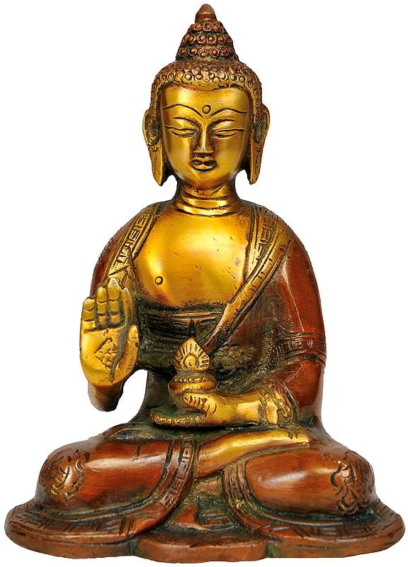 5" Seated Buddha, His Hand Raised In Blessing In Brass | Handmade | Made In India