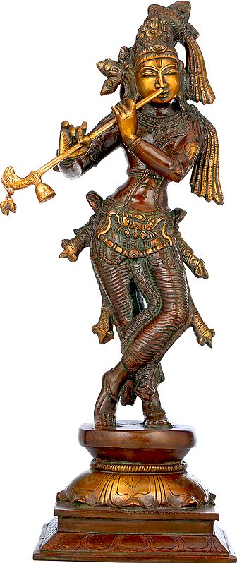 14" Brass Standing Lord Krishna Statue Playing Flute