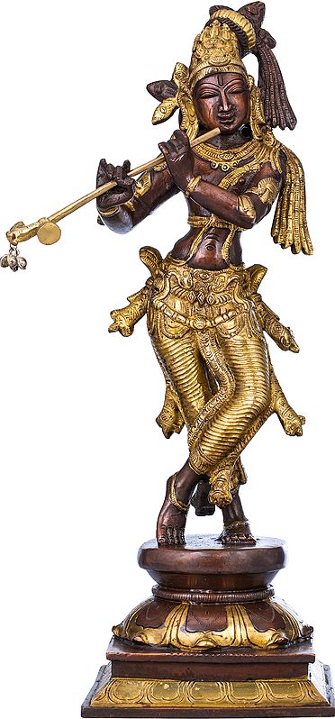 14" Brass Standing Lord Krishna Statue Playing Flute