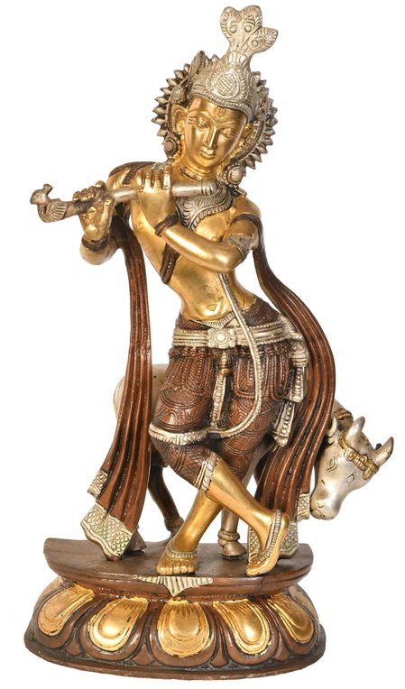 13" Brass Krishna Sculpture with Cow | Handmade | Made in India