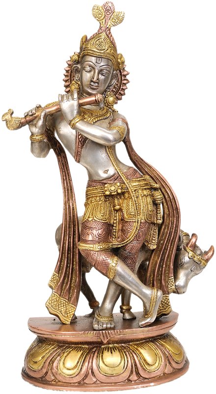 13" Brass Krishna Sculpture with Cow | Handmade | Made in India